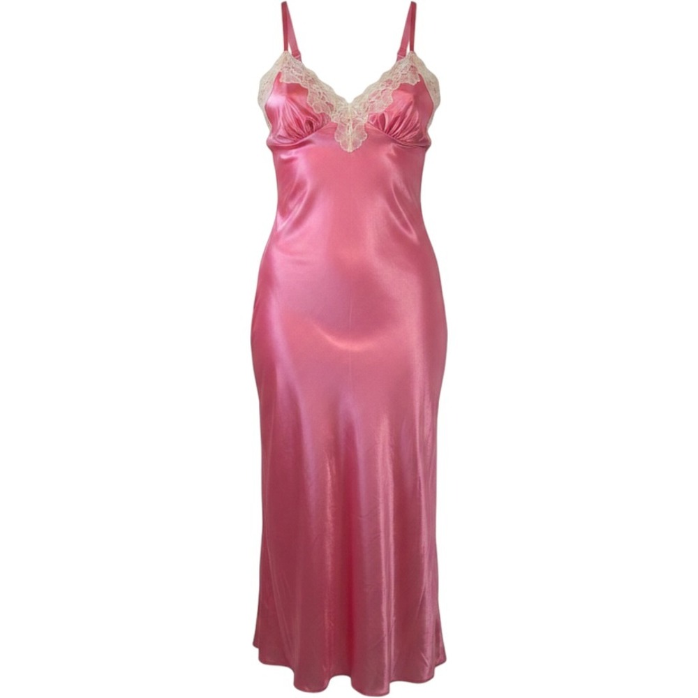 Pink Satin Lace Ruffle Nightgown Slip Dress Plus Sz M 14/16 Romantic Loungewear